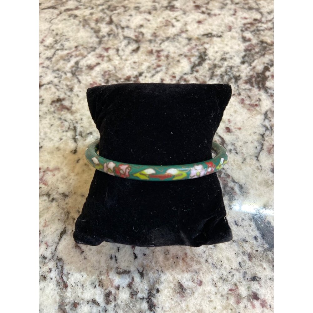 Vintage Green Cloisonné Enamel Floral Bangle Bracelet Asian Boho Hand Painted